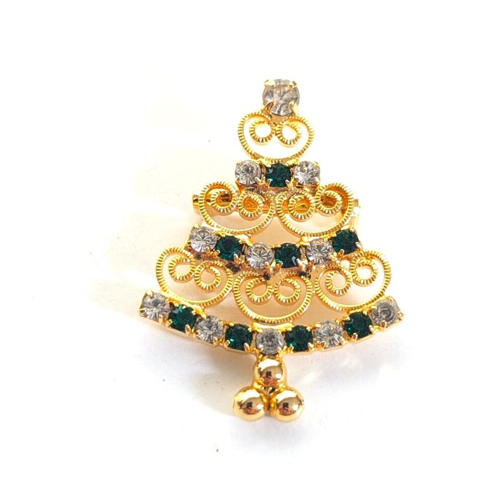 Vintage Estate Gold Tone Rhinestone Ornate Christmas Tree Holiday Brooch